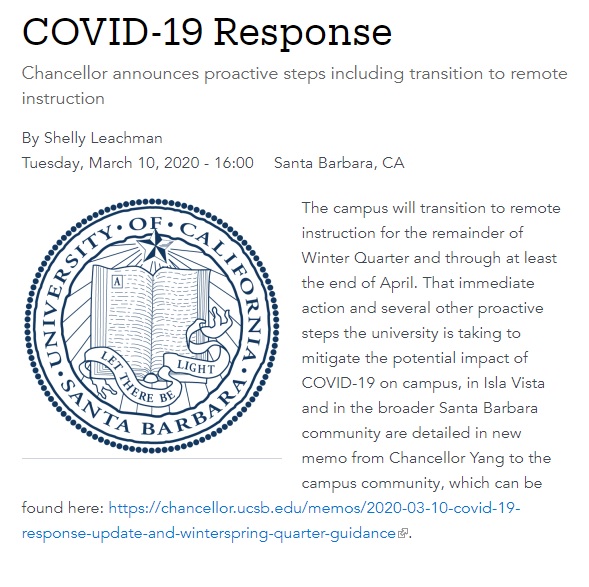 COVID19 Response Update and Winter/Spring Quarter Guidance